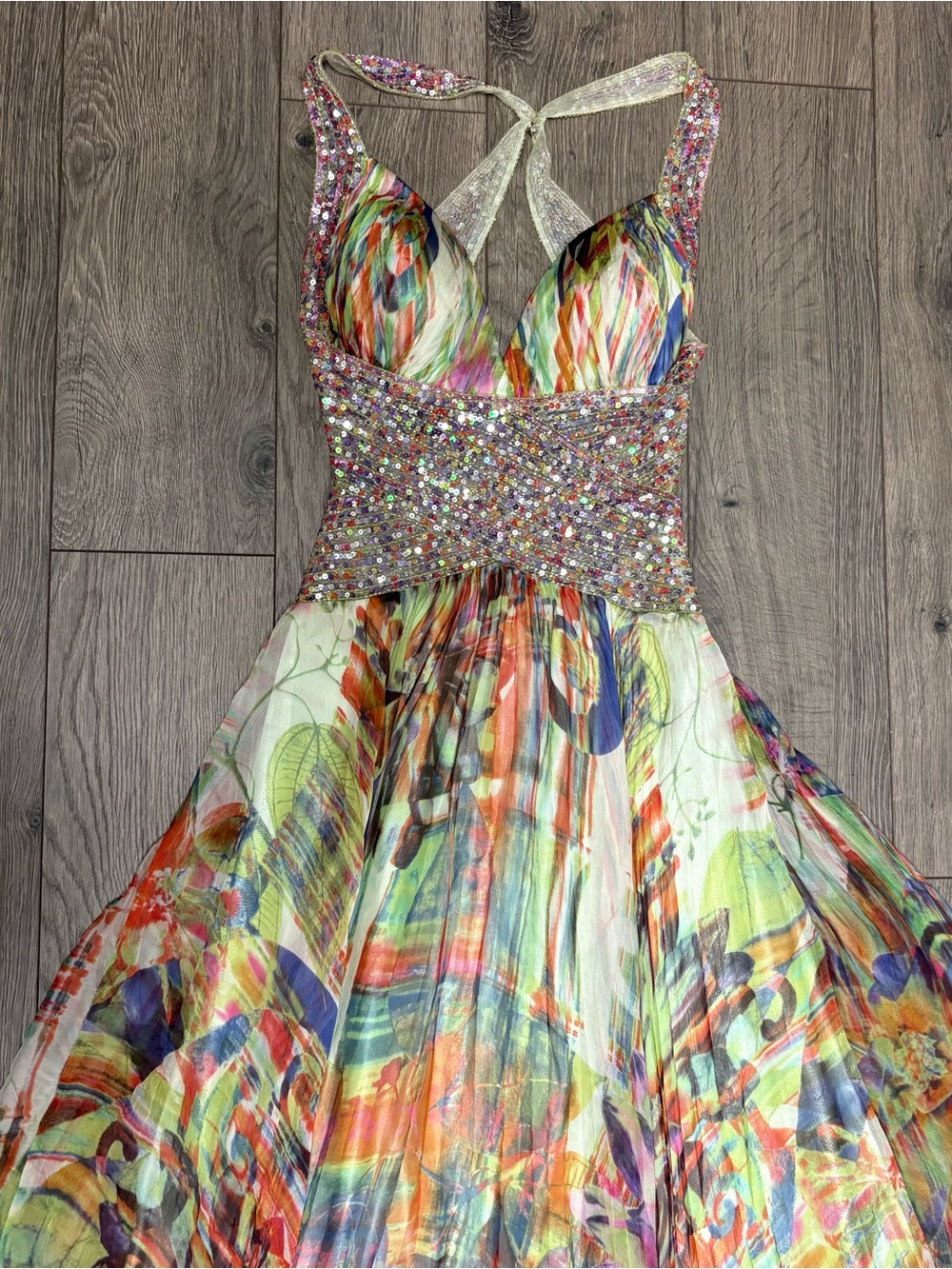 Silk maxi prom dress green sequined sparkly